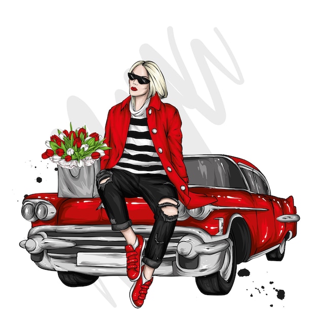 Vector beautiful girl in stylish clothes and a retro car