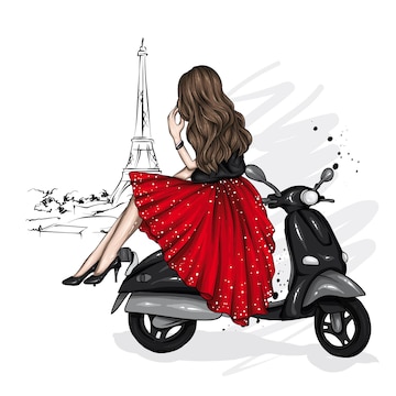 Premium Vector | Beautiful girl in stylish clothes and a retro moped