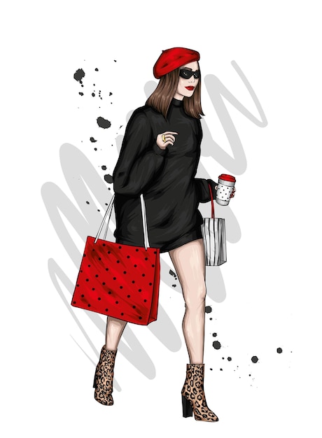 Premium Vector  Beautiful girl in stylish clothes and shopping bags