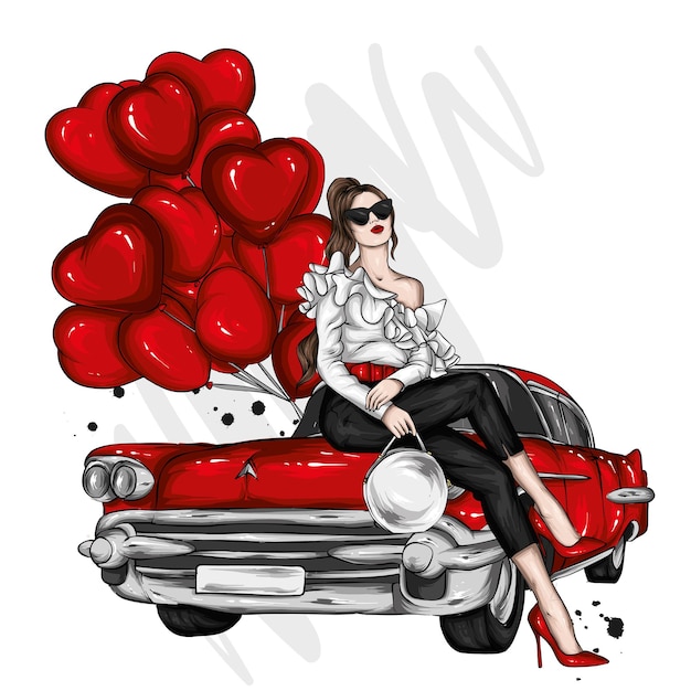 Beautiful girl in stylish clothes and a vintage car Fashion and style clothing and accessories