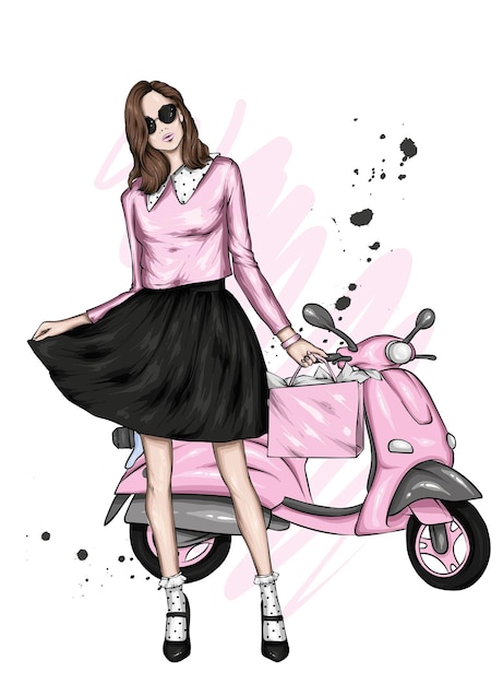 Beautiful girl in stylish clothes and a vintage moped