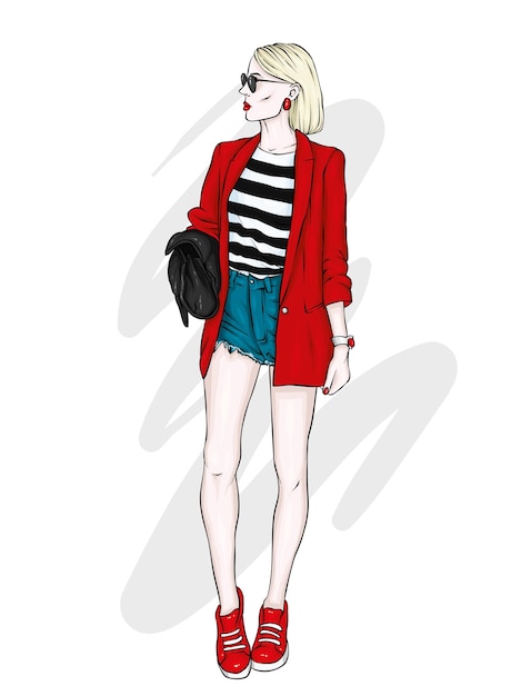 Vector beautiful girl in stylish clothes