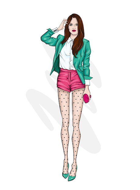 Vector beautiful girl in stylish clothes