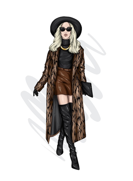 Vector beautiful girl in a stylish coat and hat.