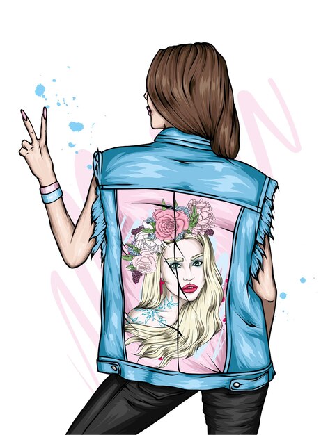 Vector beautiful girl in a stylish denim jacket fashion and style clothes and accessories