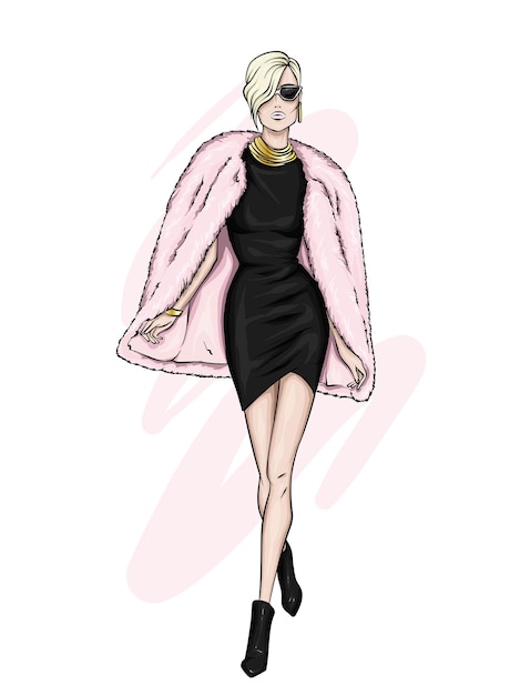 Vector beautiful girl in a stylish dress and coat