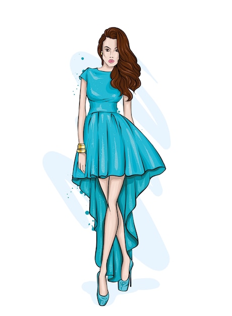 Vector beautiful girl in a stylish evening dress