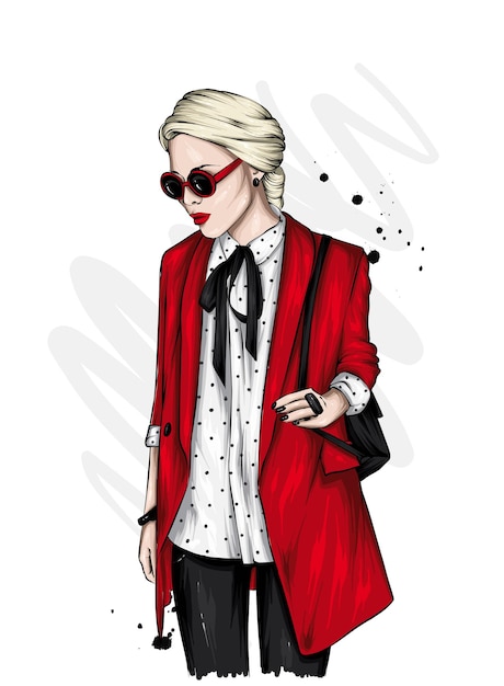 Vector beautiful girl in a stylish jacket and glasses