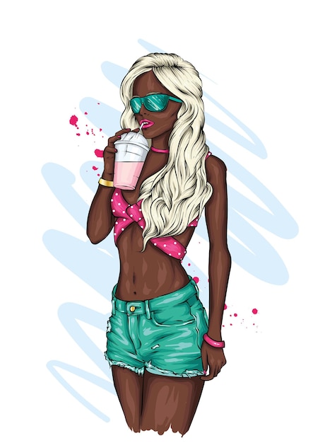 Bella ragazza in abiti estivi alla moda e un cocktail