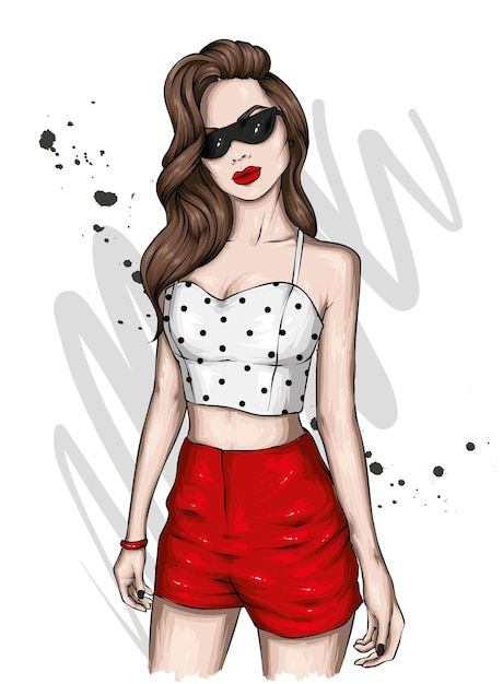 Vector beautiful girl in stylish summer clothes