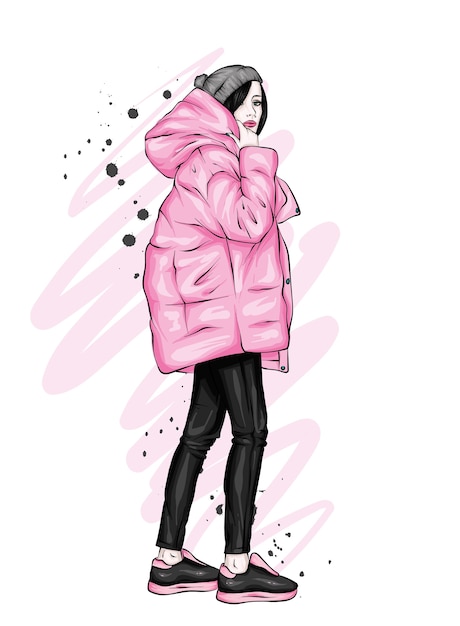 Vector beautiful girl in stylish winter clothes