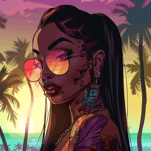 Beautiful girl in sunglasses on the background of palm trees vector illustration