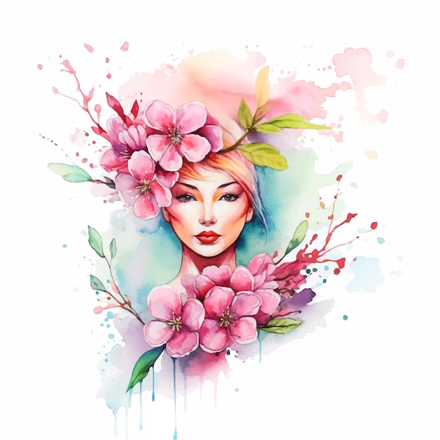 Bella ragazza circondata da fiori acquerello pittura