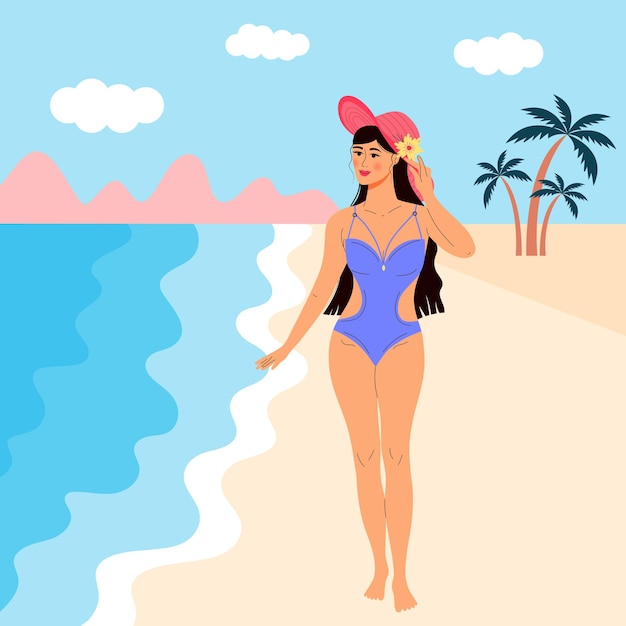 Vector beautiful girl in a swimsuit and a hat walking on the beach summer vacation seascape