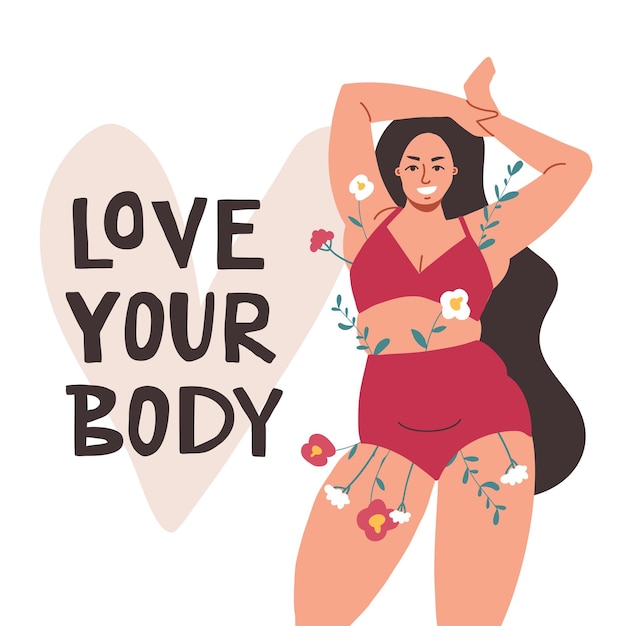 Vector a beautiful girl in a swimsuit is smiling flowers are visible from her underwear a plump woman urges you to love your body