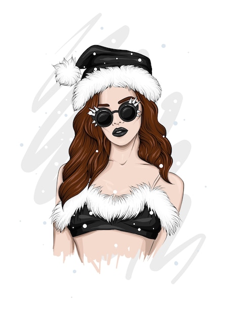 Beautiful girl in a swimsuit and a santa claus hat. vector illustration.