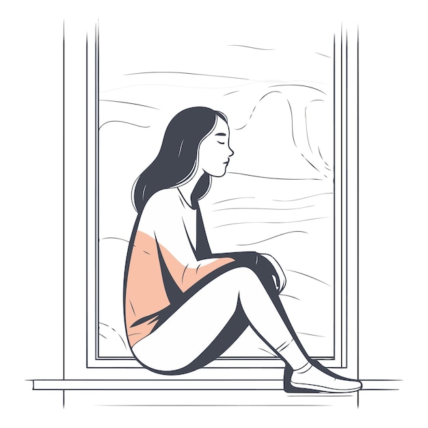 Vector beautiful girl in underwear sitting on a window sill