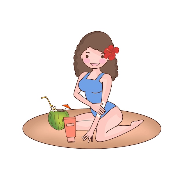 해변 여름 행사에서 모래에 자외선 차단제를 사용하는 아름다운 소녀