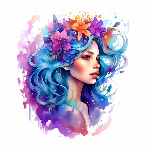 Vector beautiful girl watercolor paint art