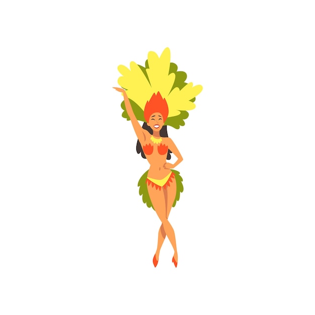 Beautiful girl wearing bright festival costume dancing brazilian samba dancer rio de janeiro carnival vector illustration on white background