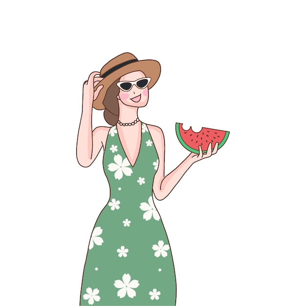 Beautiful girl wearing hat and sunglasses holding and eating watermelon