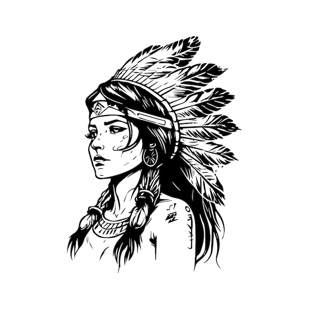 beautiful girl wearing indian chief head hand drawn illustration