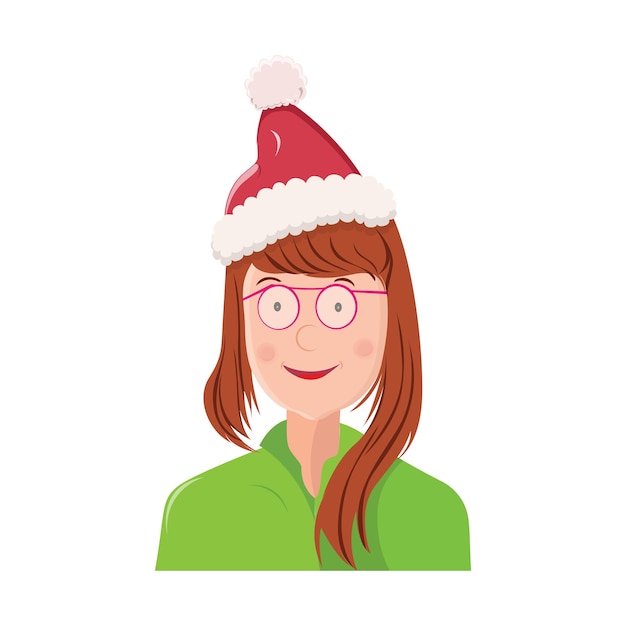 Красивая девушка в векторе шляпы Санта-Клауса изолирована на белом фоне. Векторная иллюстрация.