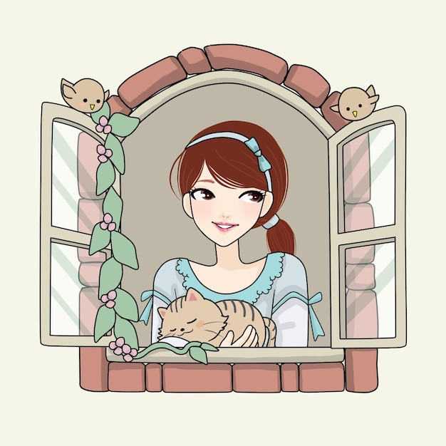 beautiful girl behind the window wearing blue dress and holding a cat cartoon illustration