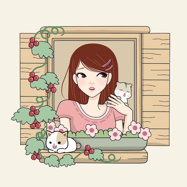 beautiful girl behind the window with hamster and kitten free vektor illustration