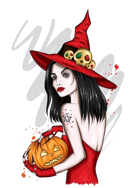 Vettore bella ragazza in un costume da strega. donna con una zucca.