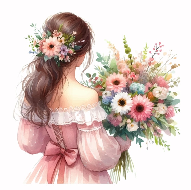 Beautiful girl with a bouquet of flowers watercolor illustration