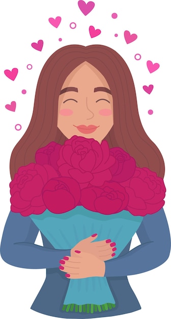 Vector a beautiful girl with burgundy flowers in her hands and hearts a girl with a bouquet of peonies