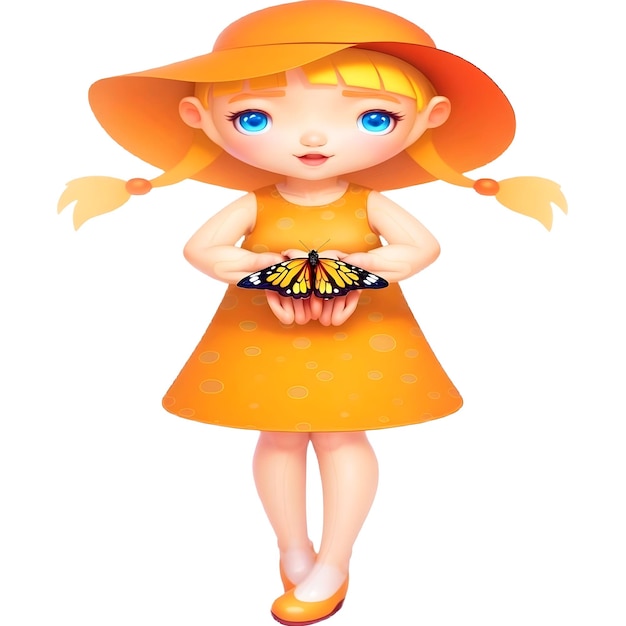 나비와 오렌지색 드레스를 입은 아름다운 소녀
