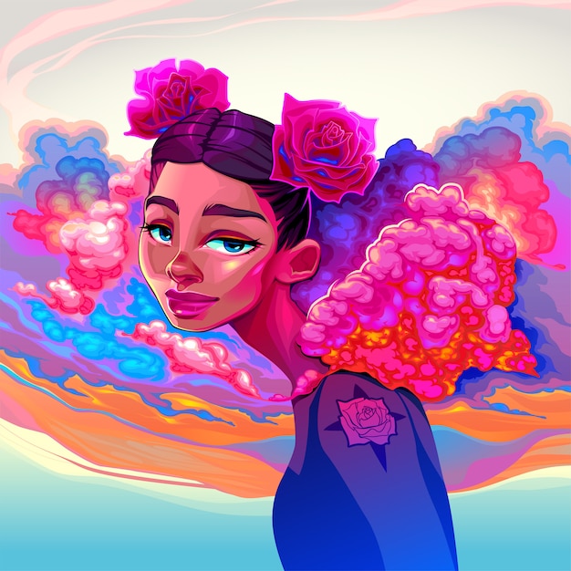 Vector beautiful girl with clouds and roses in the hair