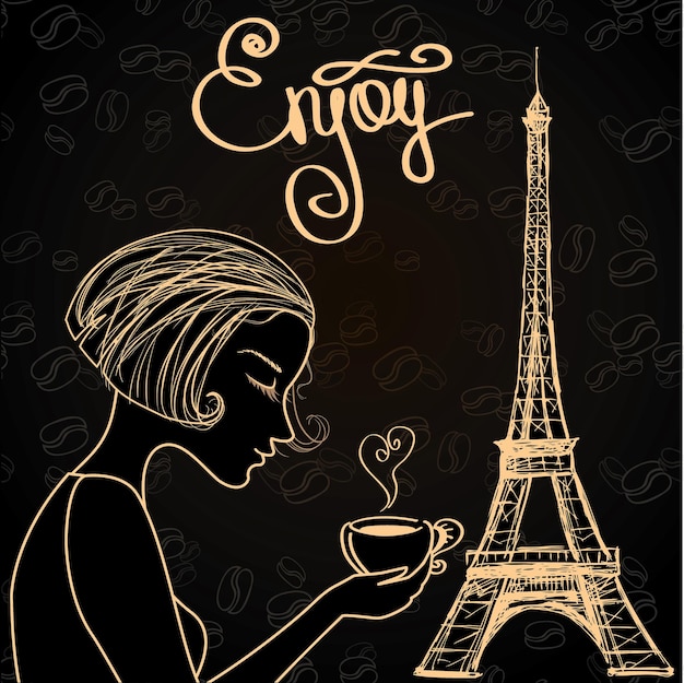 에펠탑 벡터 그림 배경에 커피 한 잔을 들고 있는 아름다운 소녀