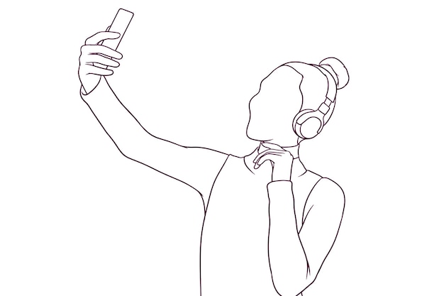 Beautiful girl with earphone take selfie hand drawn style vector illustration