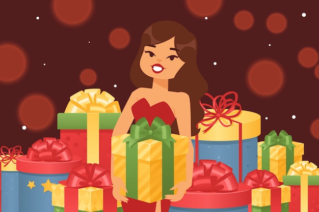 Beautiful girl with festive gift box,  illustration. Boxes in multi-colored wrapping paper, with different cartoon bows