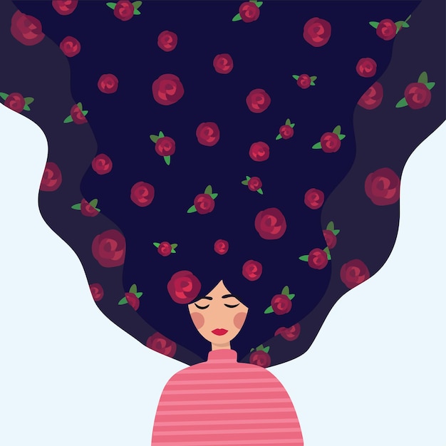 Una bella ragazza con un fiore. illustrazione vettoriale di una ragazza con i capelli lunghi. modello simpatico cartone animato piatto per carte e poster. giornata internazionale della donna.