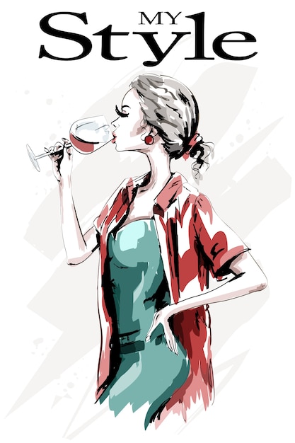 Vector beautiful girl with glass of wine