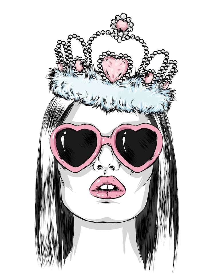 Vector beautiful girl with glasses in the shape of a heart and with a crown