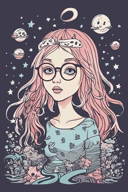 Vector beautiful girl with glasses and starsbeautiful girl with glasses and starscute girl with a star