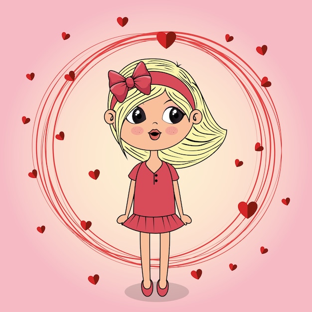 beautiful girl with hearts floating kawaii character