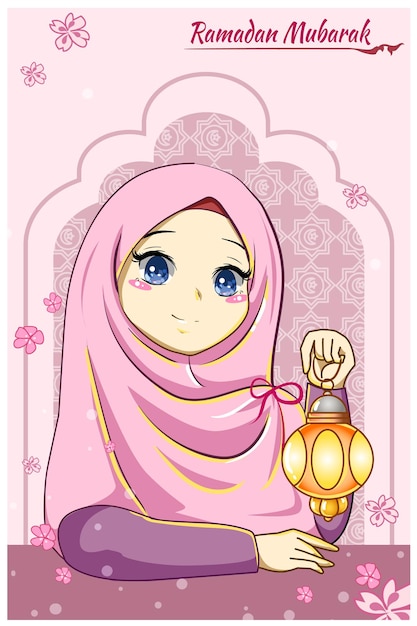 Beautiful girl with lantern at ramadan mubarak cartoon illustration