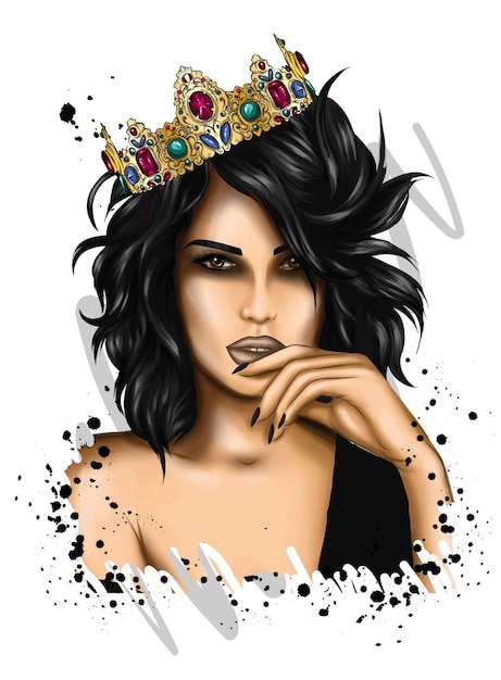 Vector beautiful girl with long hair in a crown