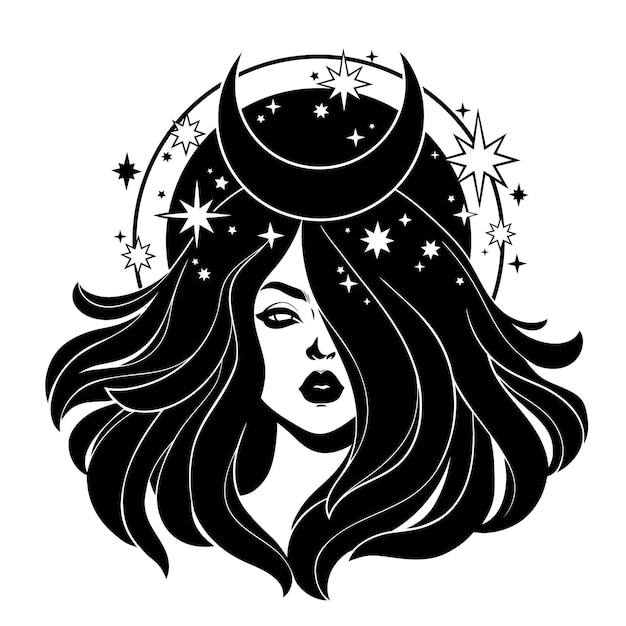 Beautiful girl with long hair decorated with stars and moon