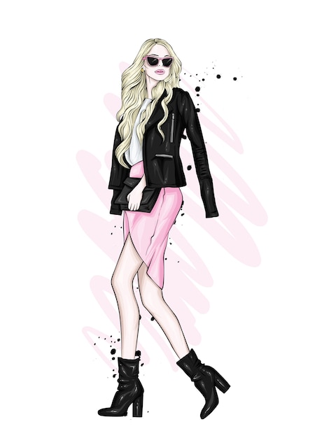 Vector a beautiful girl with long hair in glasses, a jacket, a skirt and boots with heels.