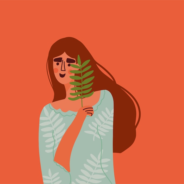 A beautiful girl with long hair holds a tropical leaf to her face Beauty Concept