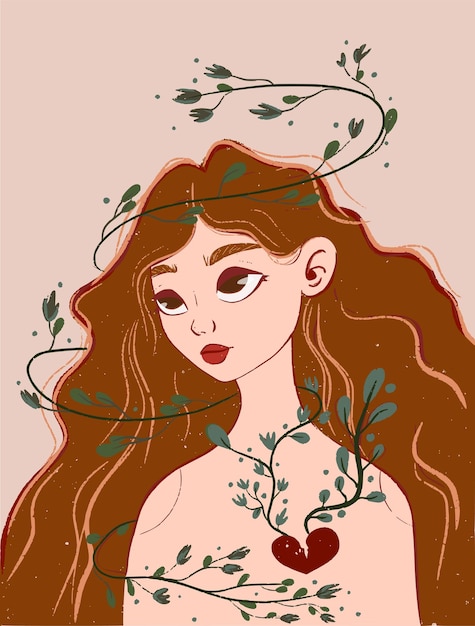 A beautiful girl with long hair and a red broken heart made of leaves.