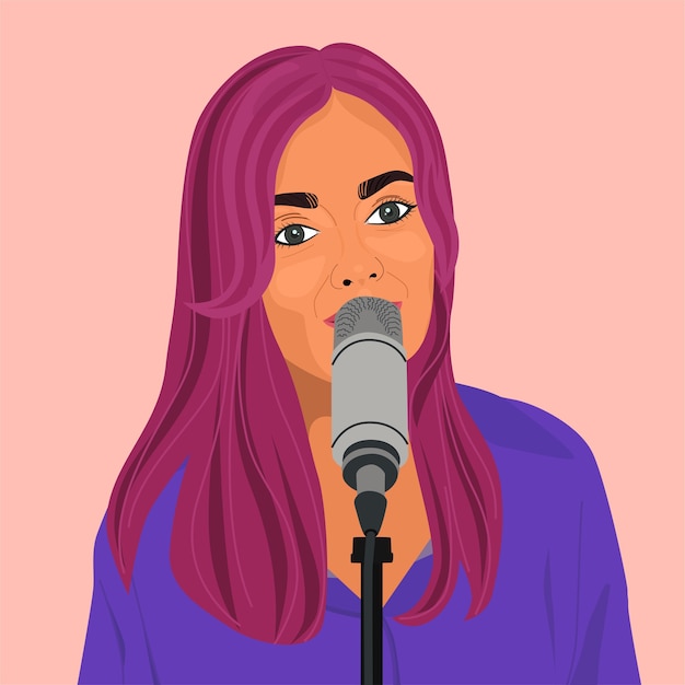 Beautiful girl with pink hair says something or sings into microphone.
