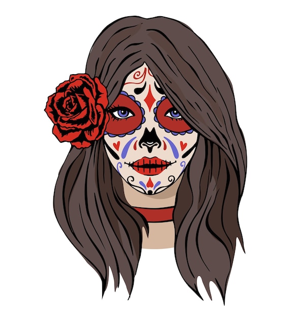 죽은 자의 날의 휴일 무서운 화장을 한 아름다운 소녀 Dia de los muertos Catrina